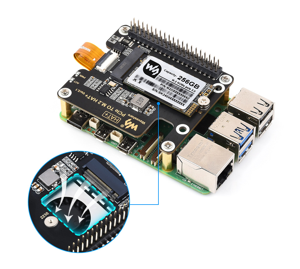 树莓派 5 PCIe 转 M.2 转接板预留风扇通风孔