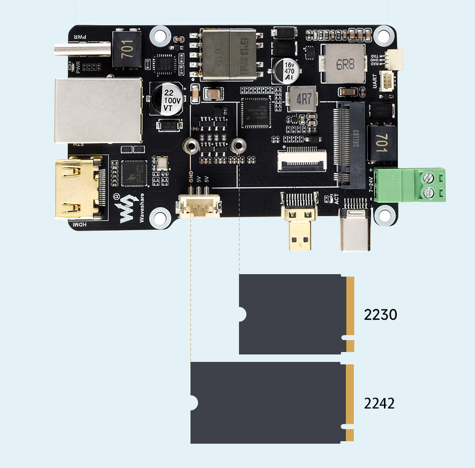 PCIe 转 M.2 多功能转接板，兼容 2230 / 2242 尺寸的 M.2 硬盘支持 Gen2 模式，支持从 SSD 启动 PI5