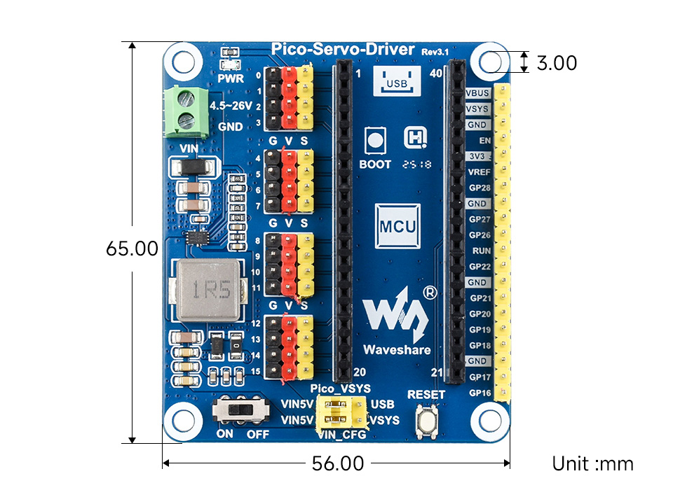 树莓派 Pico 舵机驱动扩展板产品尺寸