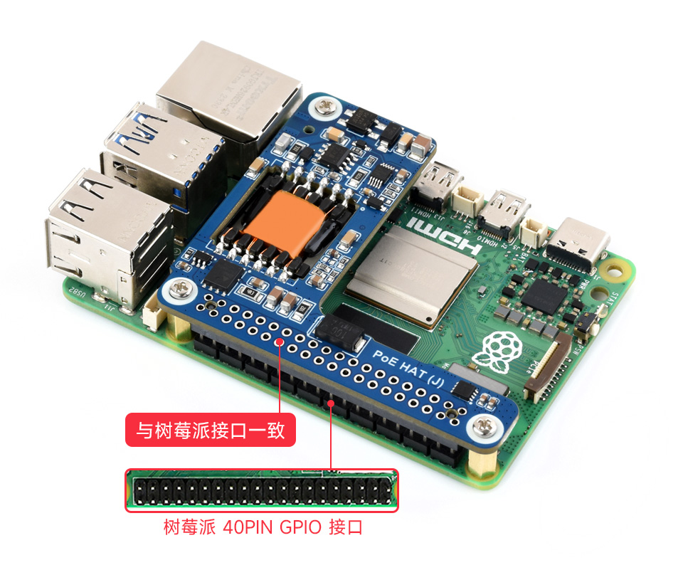 树莓派 5 PoE 供电扩展板 安装到树莓派 5 40PIN GPIO 接口展示