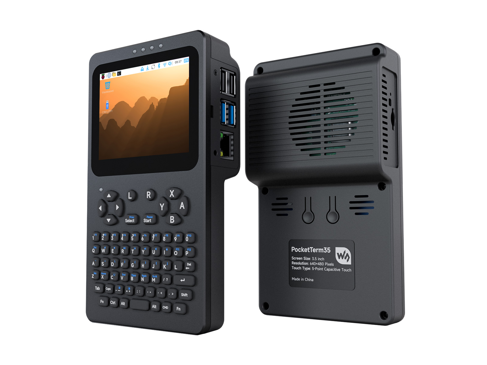 掌上 Linux 终端 3.5 英寸 640 × 480 高清全贴合触控屏 支持树莓派 4B / 5 便携开发与调试设备