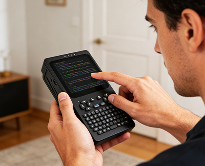 PocketTerm35 便携数据处理场景，手持操作命令行界面