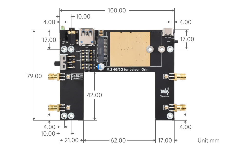 Jetson Orin 5G/4G/3G 扩展板产品尺寸