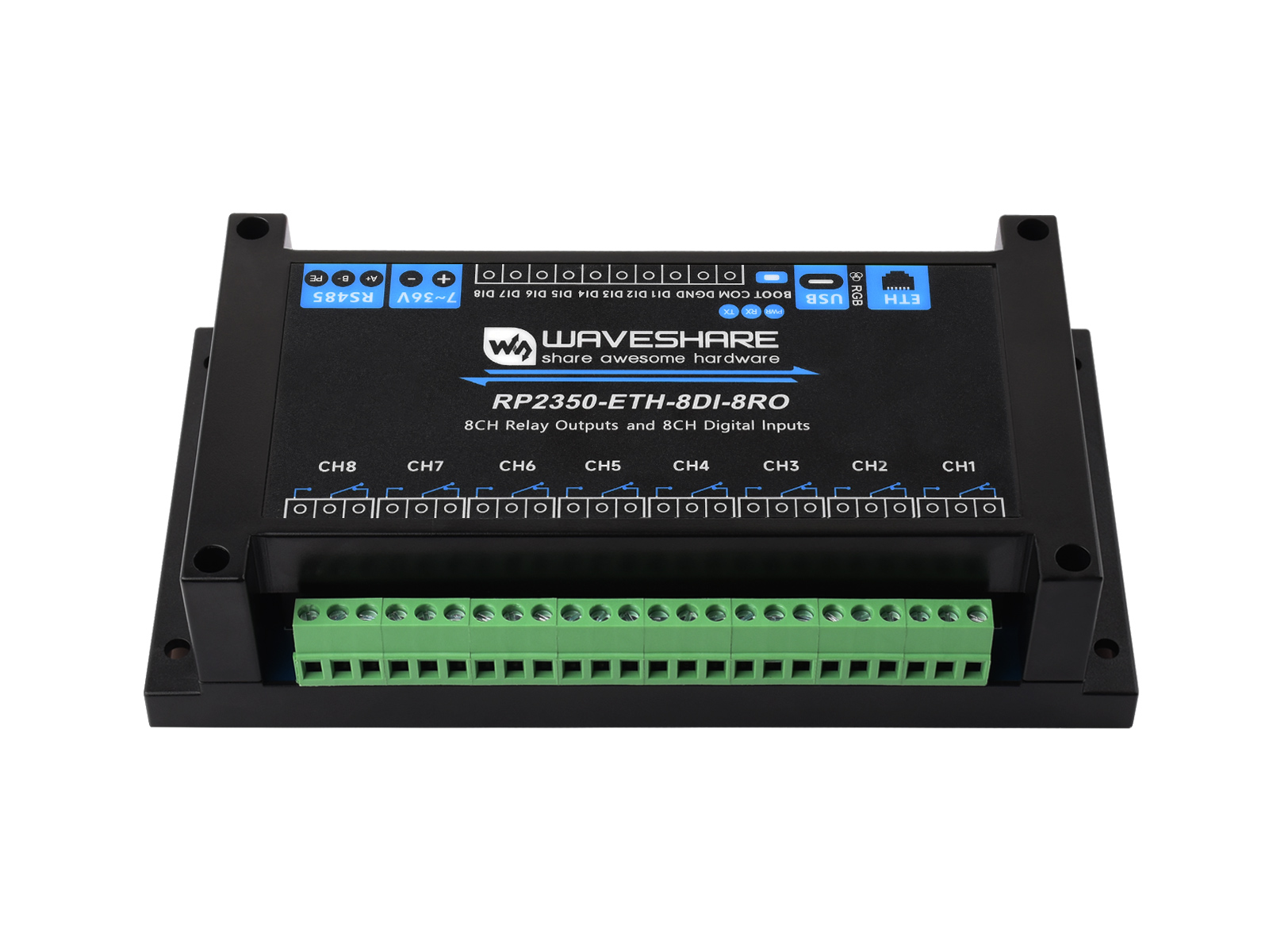RP2350 工控板工业级 8 路网络继电器 基于 RP2350 主控 双核双架构 支持数字输入、RS485 及以太网口等接口 板载多种隔离保护电路
