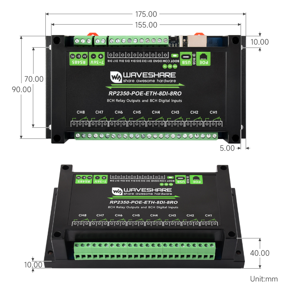 RP2350 工控板 工业级 8 路网络继电器产品尺寸