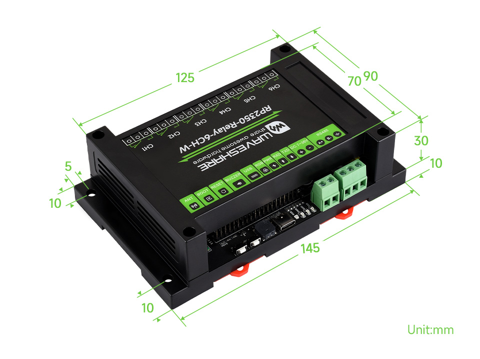 RP2350 工控板 工业级 6 路 WiFi 网络继电器产品尺寸