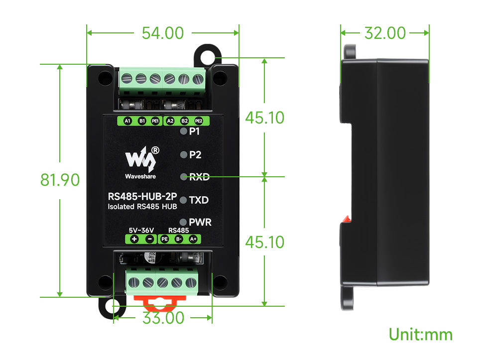 隔离型 2 路 RS485 集线器中继器产品尺寸