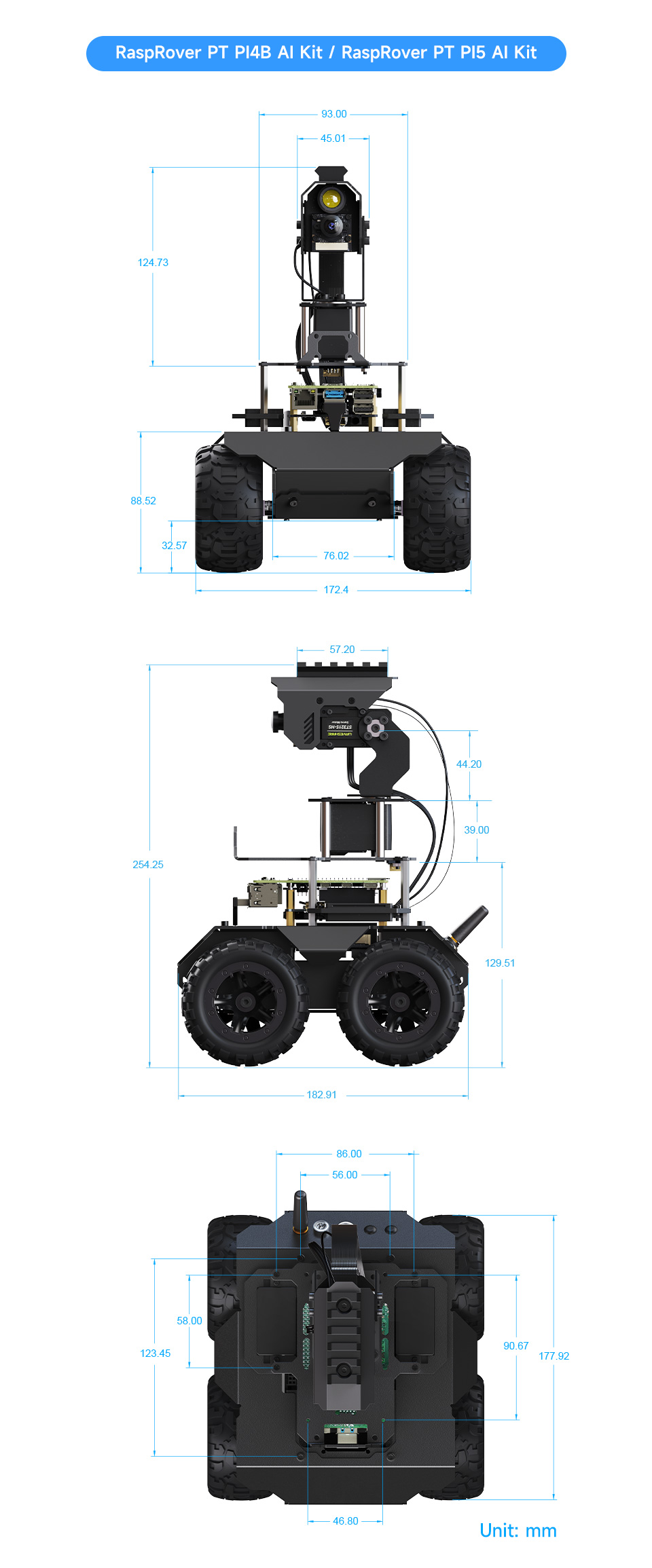 RaspRover AI 机器人产品尺寸