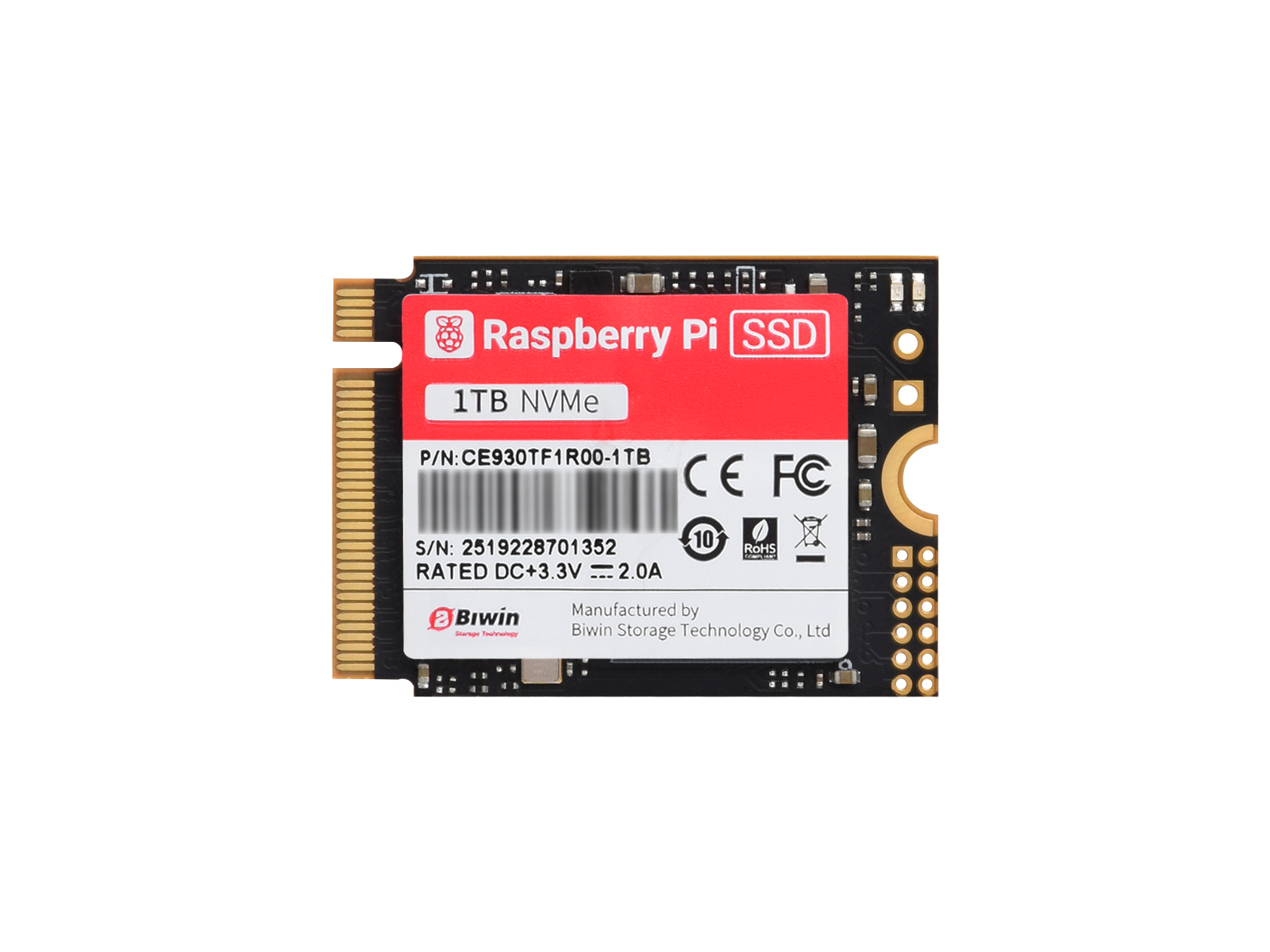 树莓派原装固态硬盘 1TB 高速固态硬盘 兼容 PCIe Gen3 适用于树莓派 5