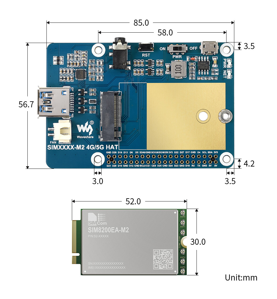 SIM8200EA-M2 樹莓派5G擴展板外形尺寸