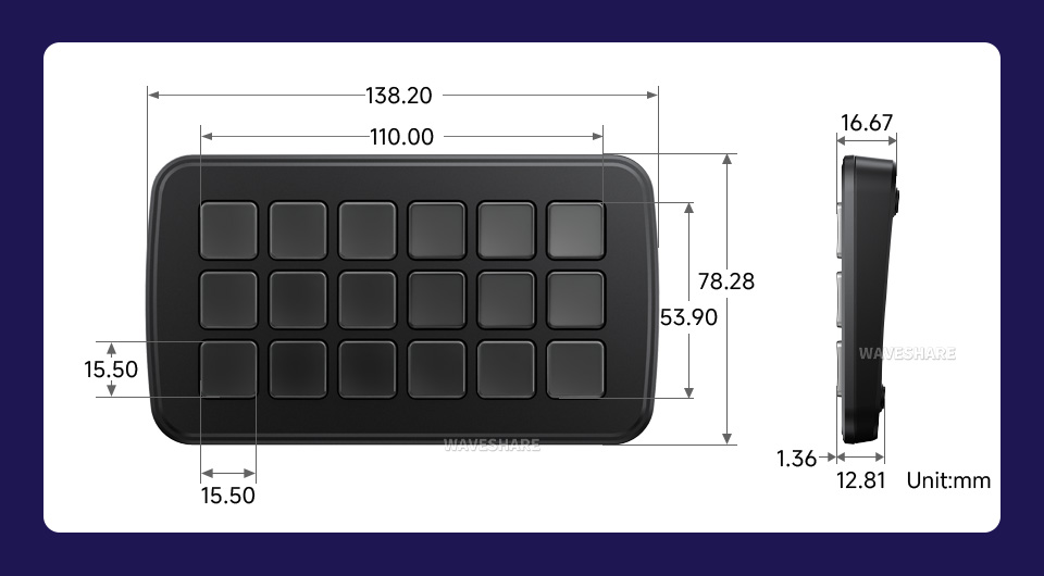 Waveshare SK18 多功能 AI 语音控制面板产品尺寸