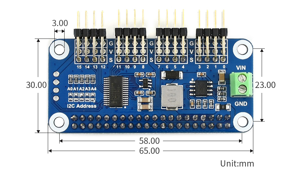 Servo-Driver-HAT-B舵机驱动板 弯排针版尺寸