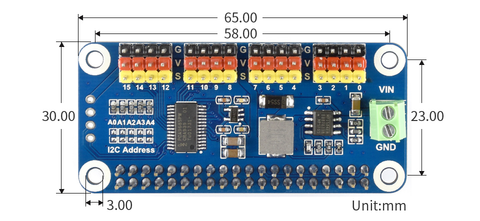 Servo-Driver-HAT舵机驱动板 弯排针版尺寸