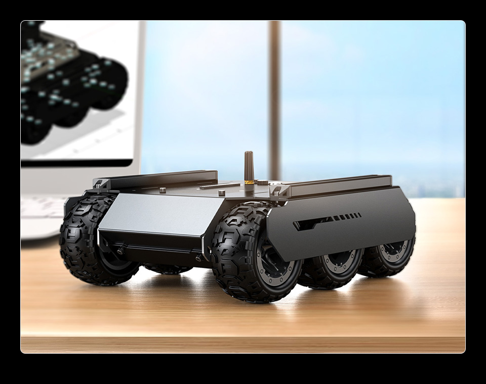 灵活可扩展型6×4越野UGV机器人在电脑木桌上面，背后是蓝天