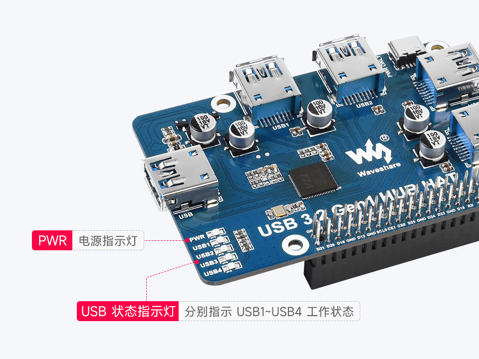 树莓派 USB 扩展板板载多个指示灯