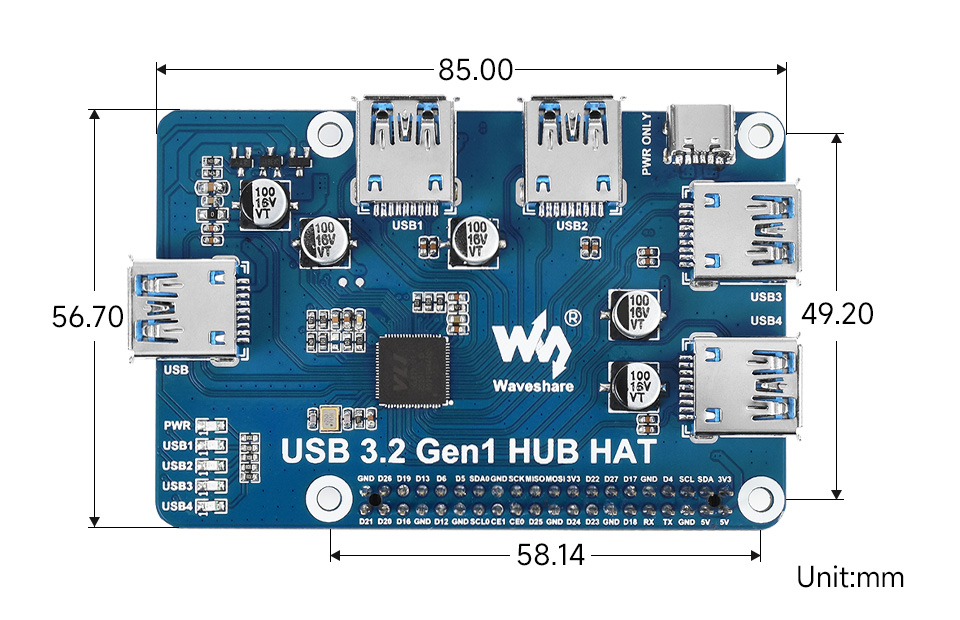树莓派 USB 扩展板外形尺寸