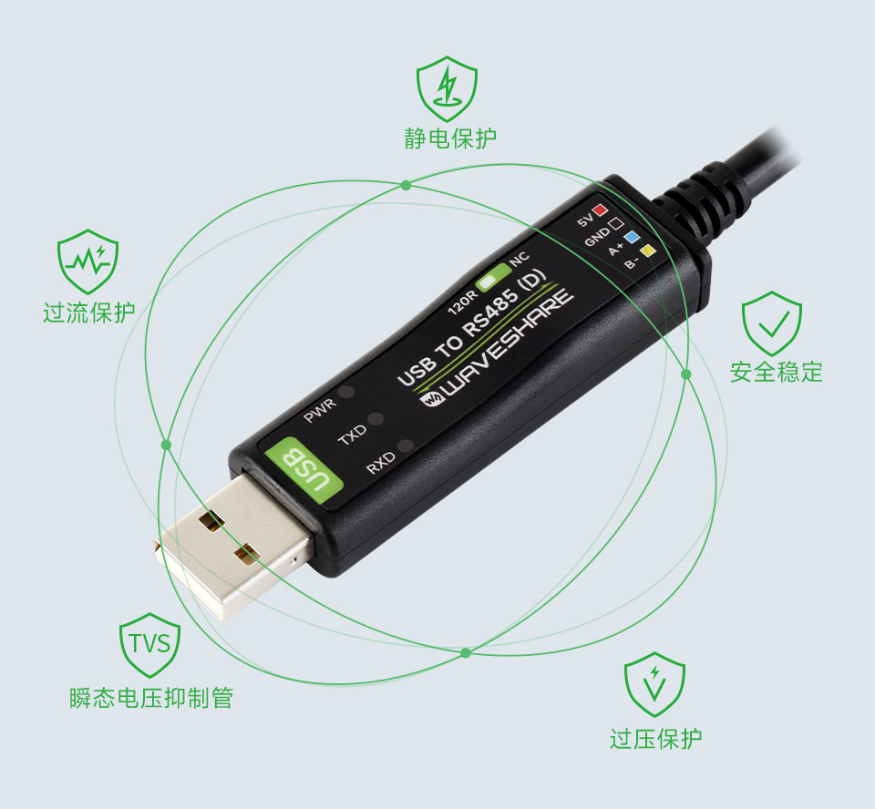 工业级隔离型 USB 转 RS485 转换器 TVS 防雷与过流保护示意图