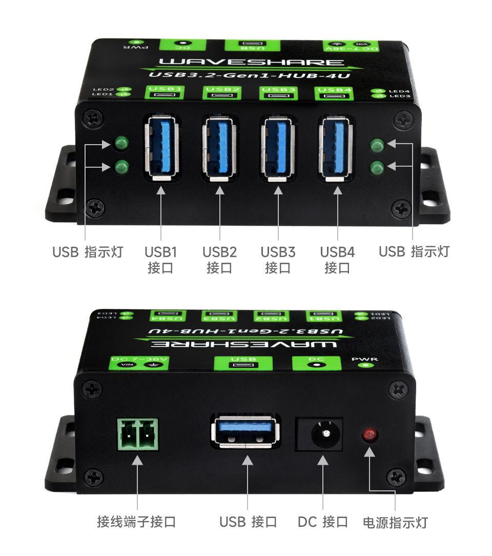 USB3.2集线器,一拖四口USB扩展器接口简介，接口介绍，包括USB指示灯，4个USB接口，接线端子接口，USB输入口，DC接口，电源指示灯等。