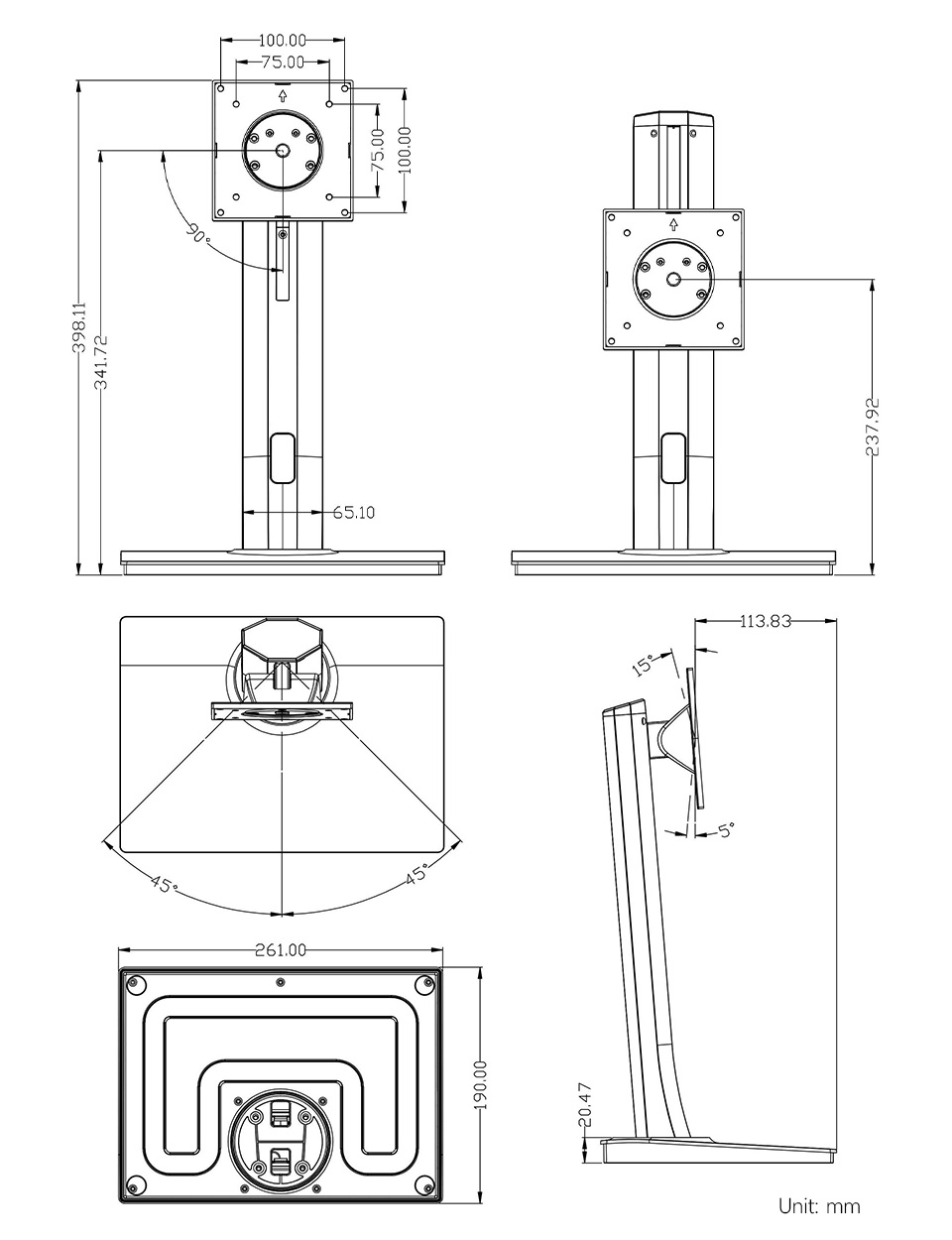VESA桌面显示屏支架 产品尺寸图纸