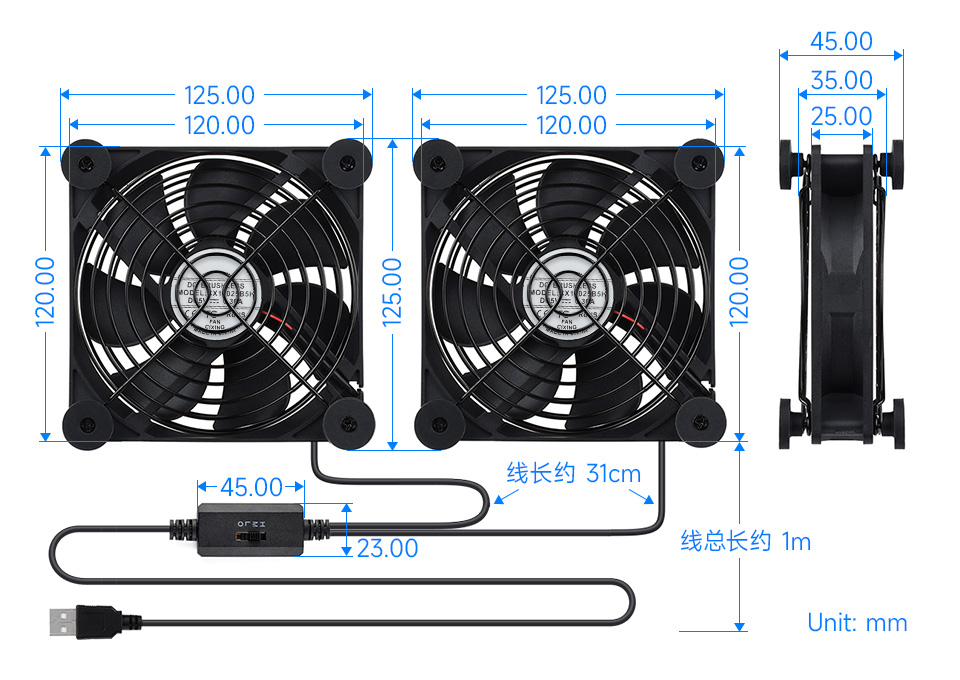 DUAL-FAN-12025-5V-USB 双风扇产品尺寸