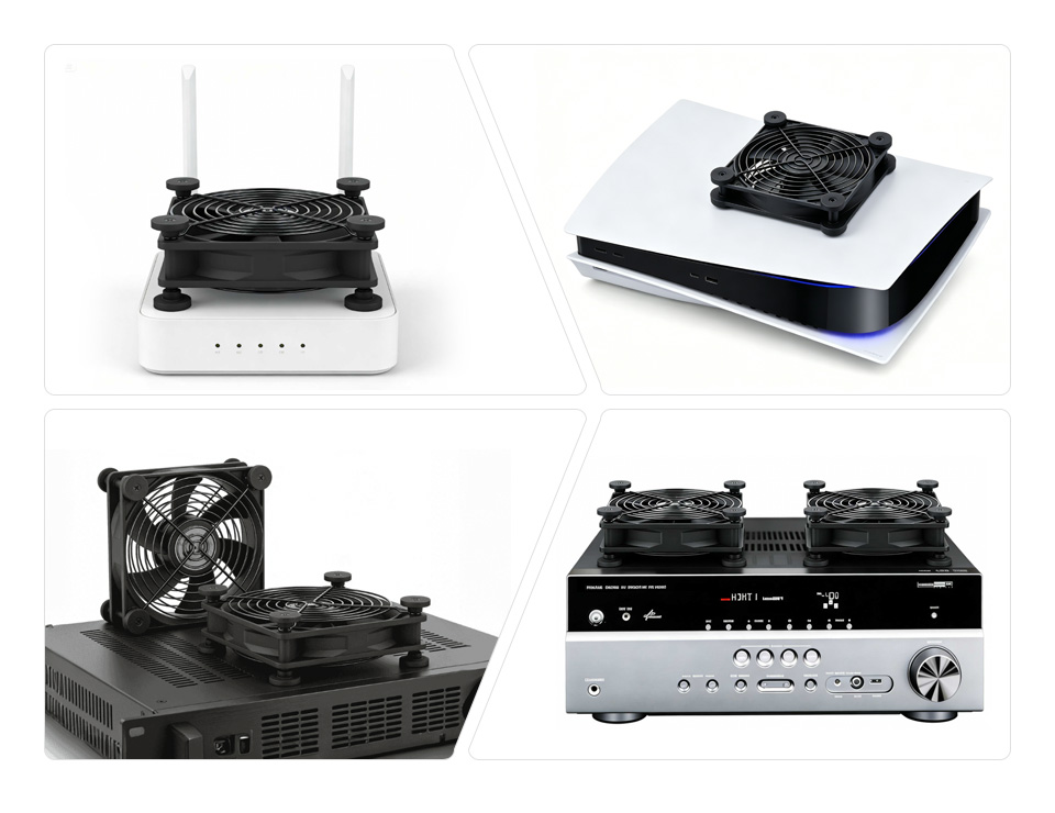 120mm USB 散热风扇 应用场景 为路由器、游戏主机、机顶盒、功放、NAS、工控设备、机柜等网络，娱乐，影音，工业设备