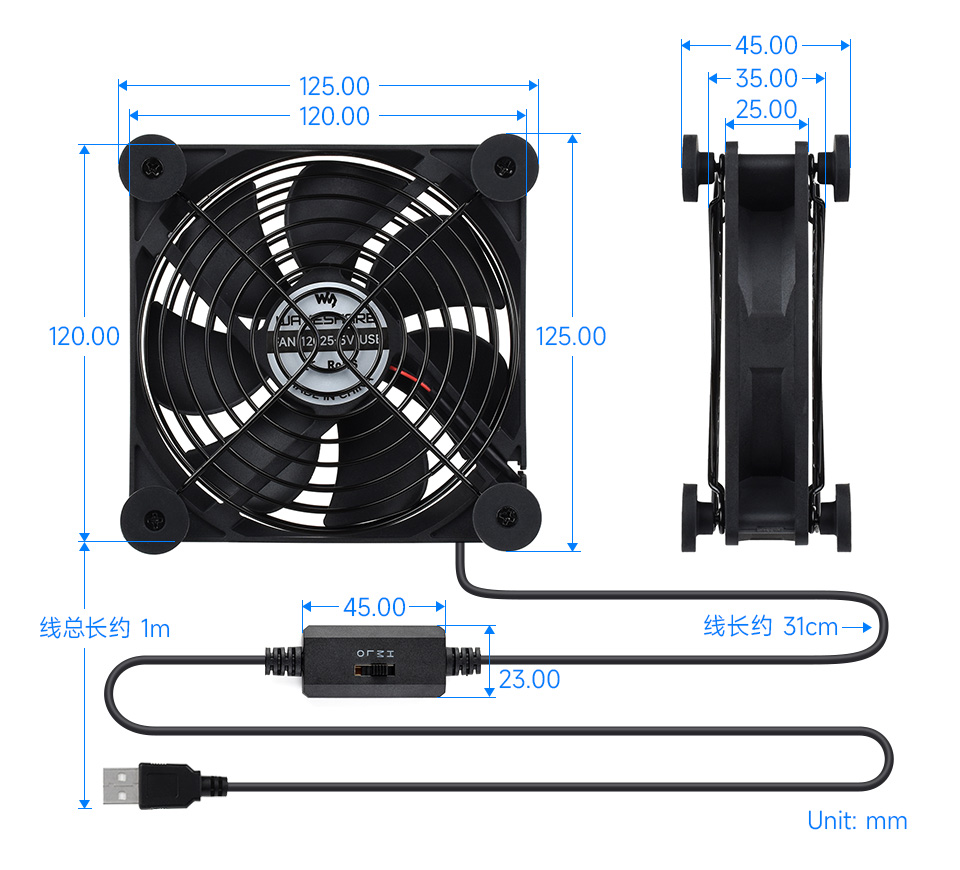 FAN-12025-5V-USB 单风扇产品尺寸