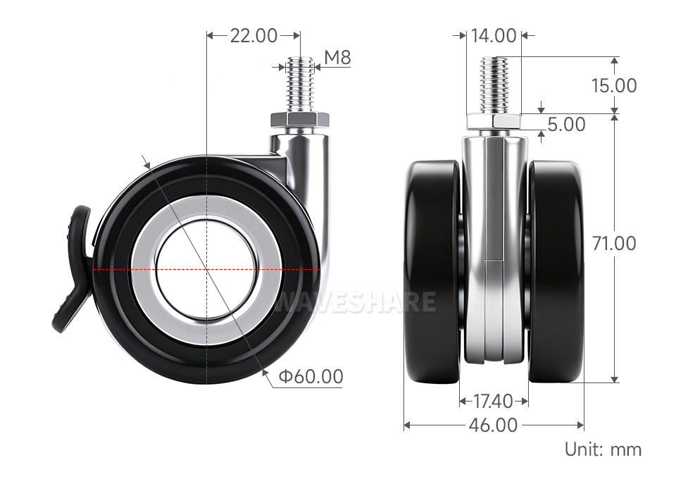 2.5 寸 (60mm) 中空万向轮详细尺寸参数图，M8 螺纹规格及轮径数据