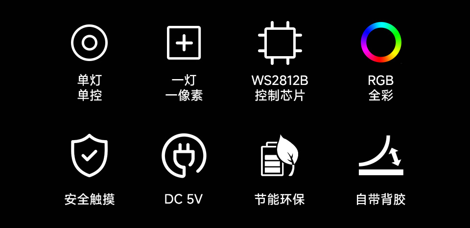 RGB 幻彩 COB 灯带主图 核心特性：WS2812B 芯片、RGB 全彩光源、DC 5V 供电