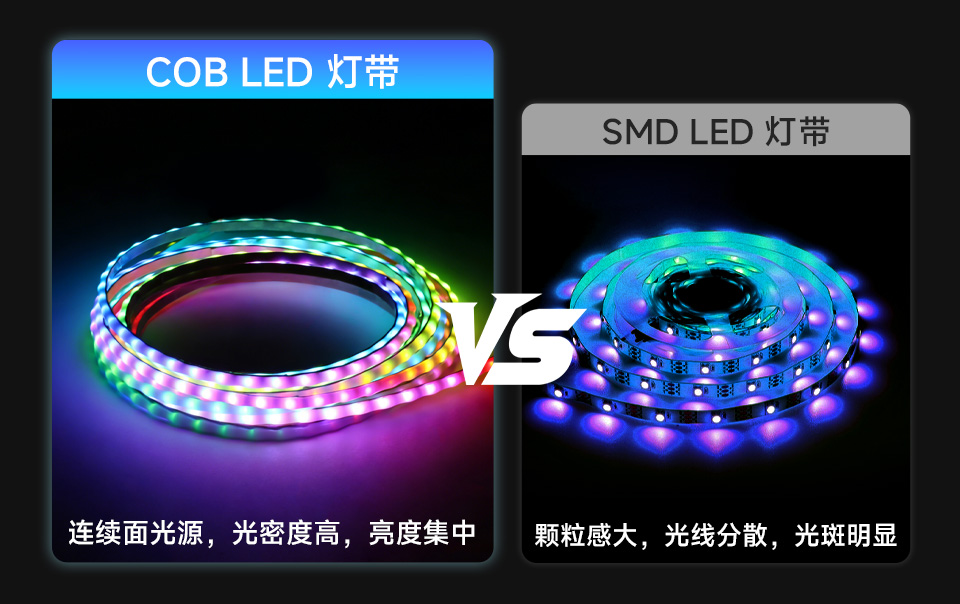 RGB 幻彩 COB 灯带 效果对比 COB 灯带光线更均匀