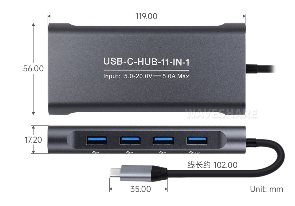 USB-C 11 合 1 扩展坞展示图，产品尺寸