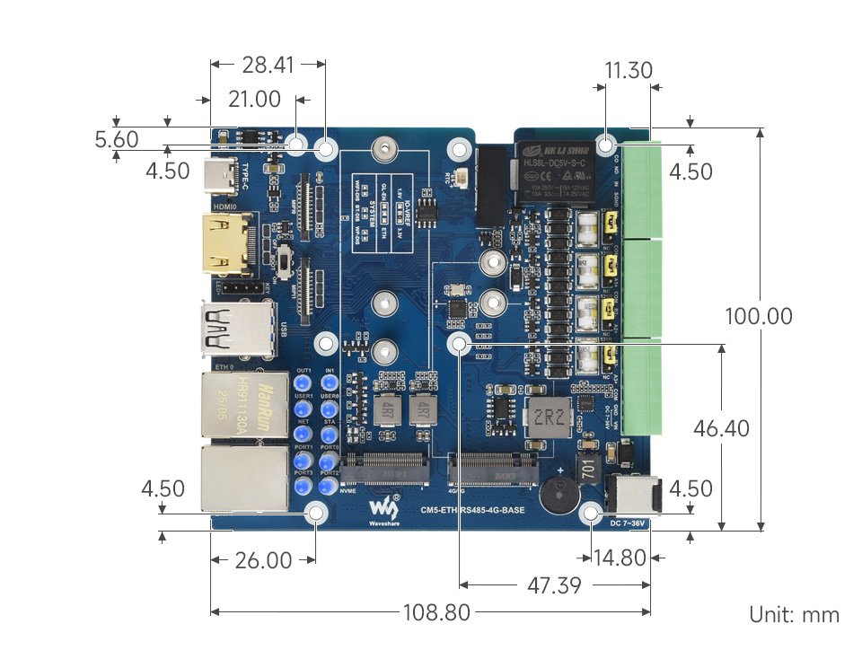 树莓派 CM5 双网口扩展板外形尺寸图