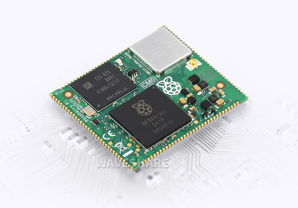 Compute-Module-0，配备主频 1GHz 的 4 核 64 位 Arm Cortex-A53 处理器，512MB 内存，<br>支持可选 WiFi 和蓝牙，可选 eMMC，搭配丰富 I/O 接口