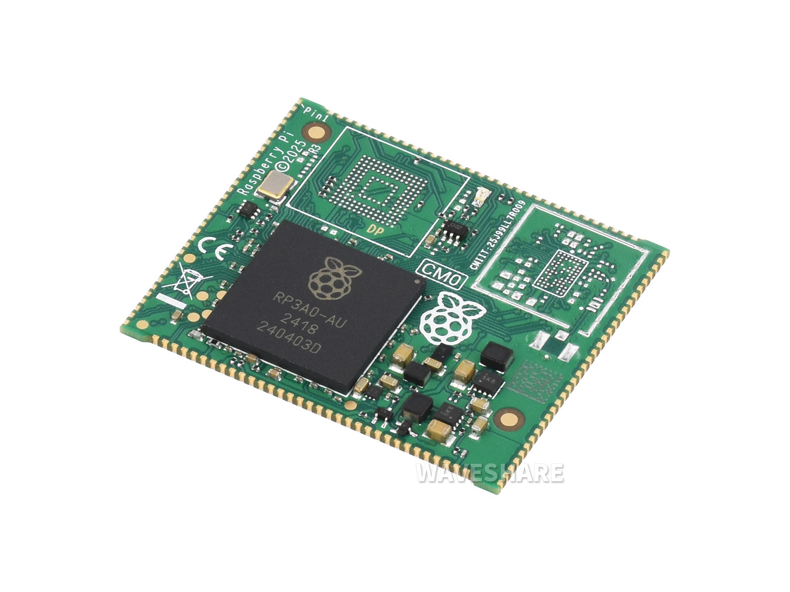树莓派计算模块核心板 Compute module 0, 基于 RP3A0 SiP，配备四核 Cortex-A53 处理器, 可选 0/8/16GB eMMC 存储及无线模块