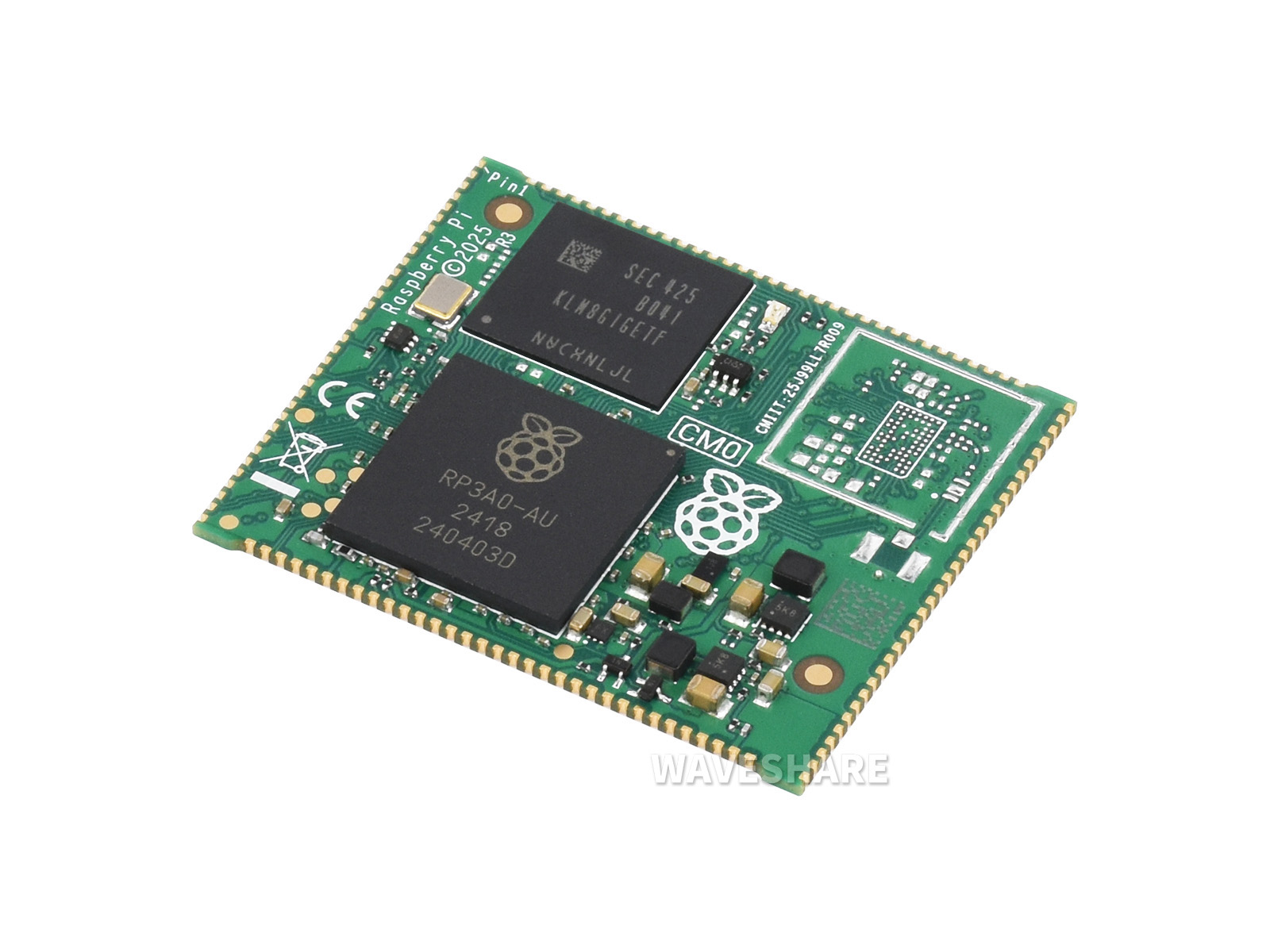 树莓派计算模块核心板 Compute module 0, 基于 RP3A0 SiP，配备四核 Cortex-A53 处理器, 可选 0/8/16GB eMMC 存储及无线模块