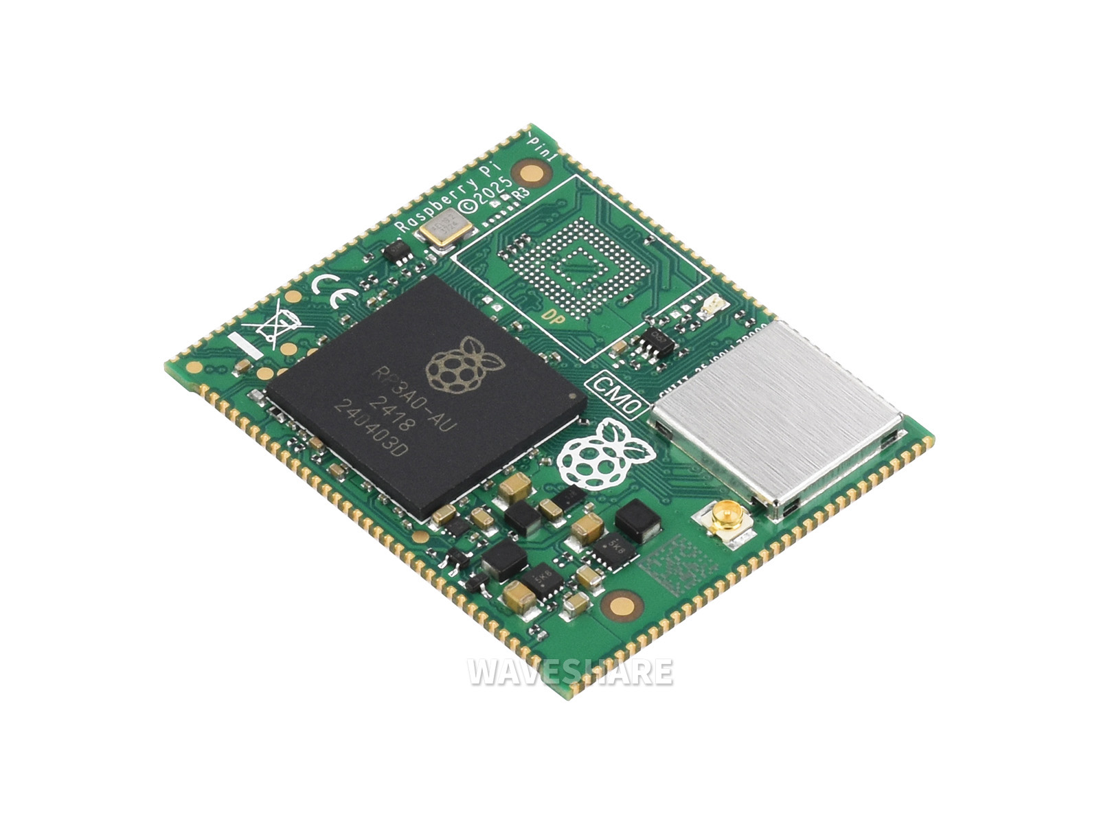 树莓派计算模块核心板 Compute module 0, 基于 RP3A0 SiP，配备四核 Cortex-A53 处理器, 可选 0/8/16GB eMMC 存储及无线模块