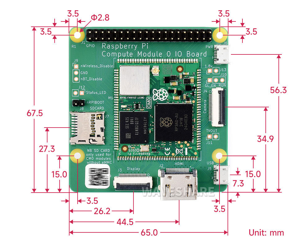 Compute-Module-0，CM0 Dev Board 开发套件产品尺寸