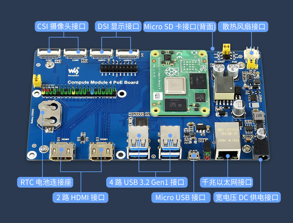 树莓派 CM4 PoE 扩展板板载 4 路 USB3.0 接口
