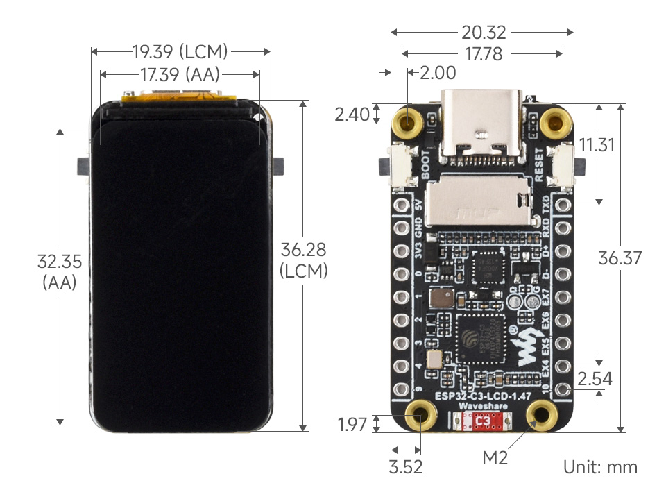 ESP32-C3 1.47 英寸液晶开发板产品尺寸