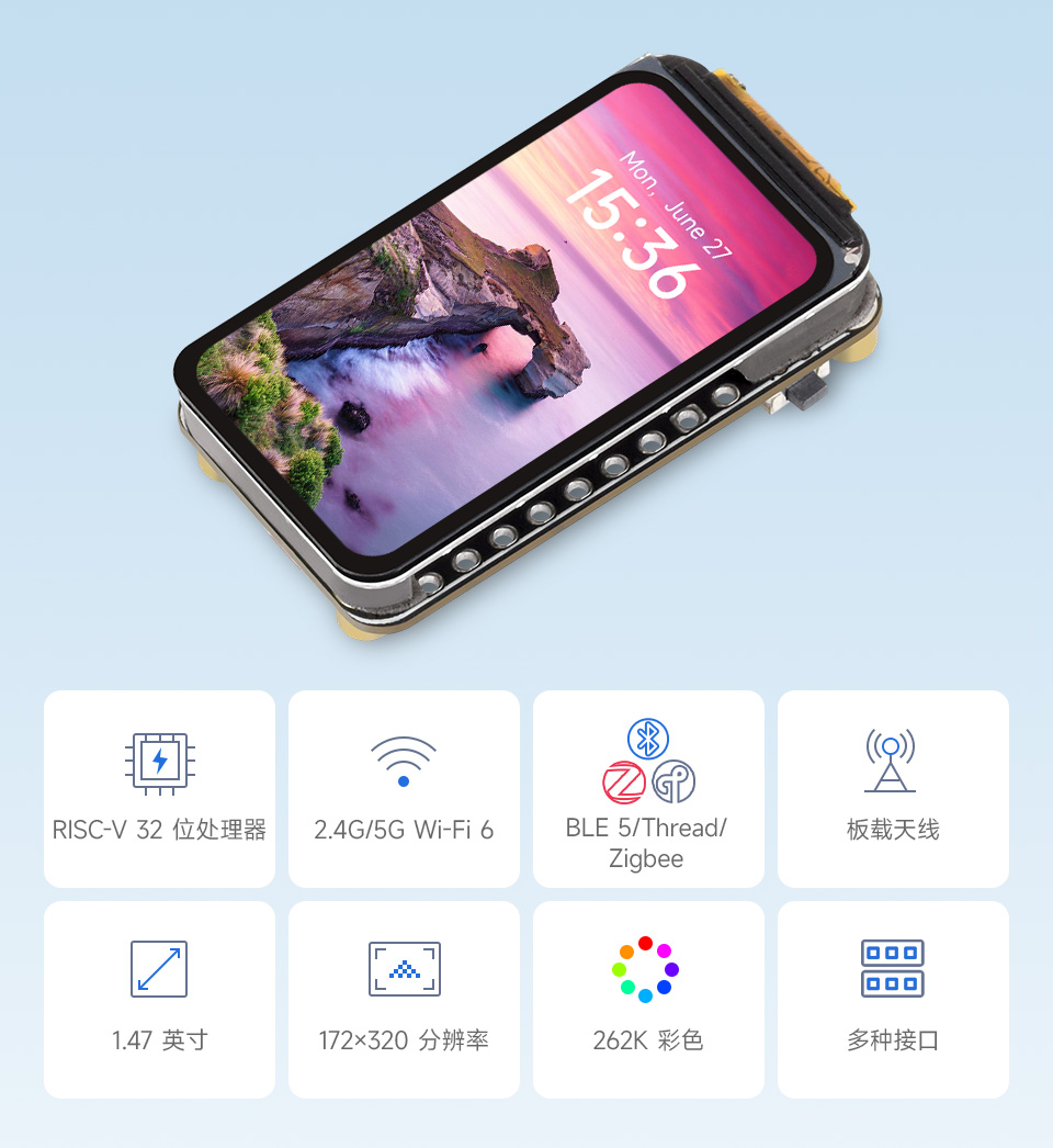ESP32-S3 4 英寸电容触控屏开发板，并带有特性图标如： 2.4GHz WiFi和 BLE5 模组，480×480分辨率和5点触控