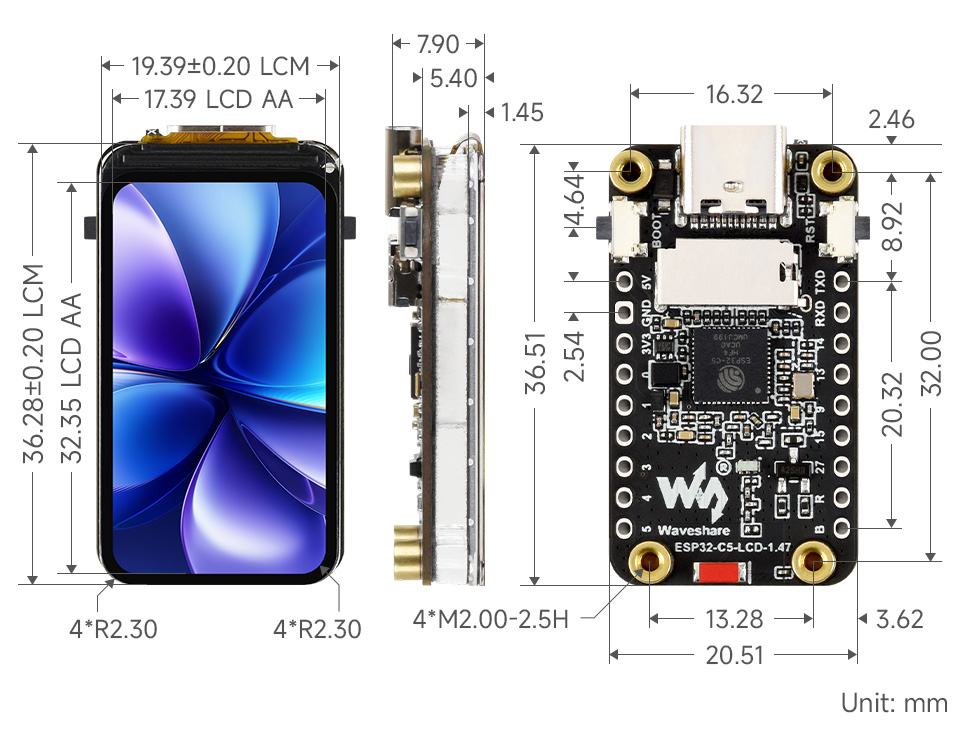 ESP32-S3 4 英寸电容触控屏开发板产品尺寸