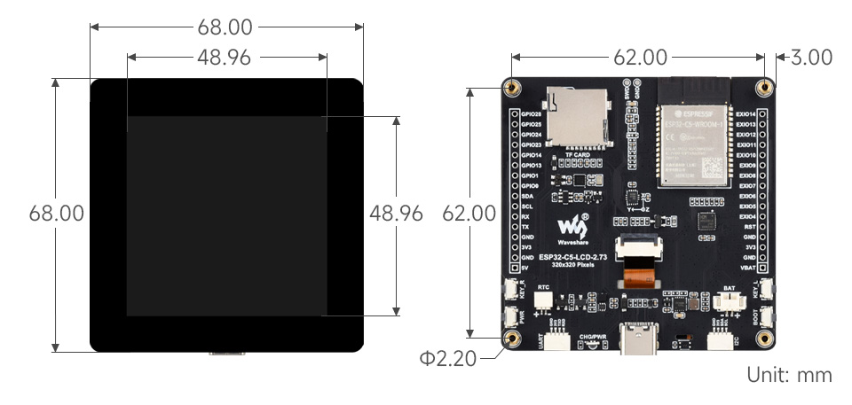 ESP32-C5 2.73 英寸液晶开发板产品尺寸