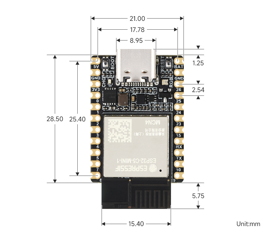 微雪 ESP32-C5 微控制器 Wi-Fi 开发板产品尺寸