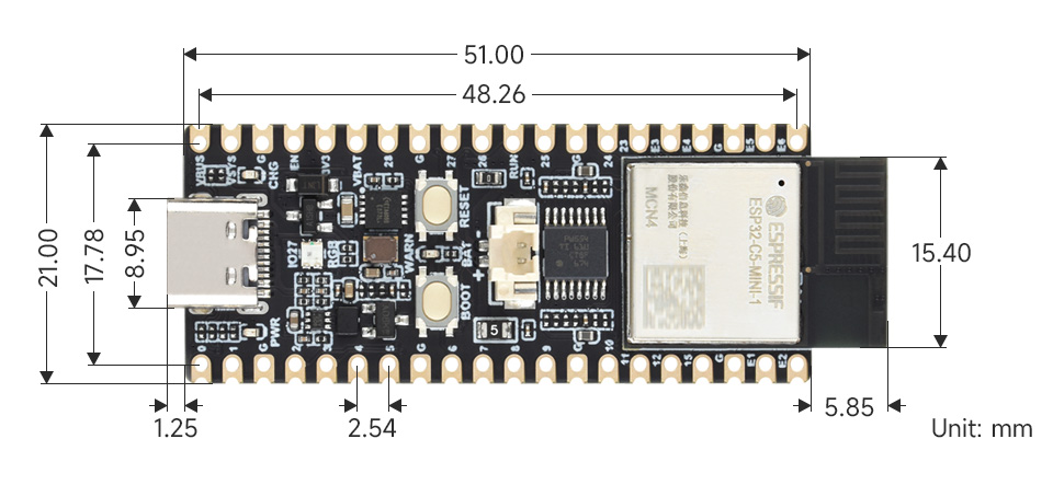 微雪 ESP32-C5 微控制器 Wi-Fi 开发板产品尺寸