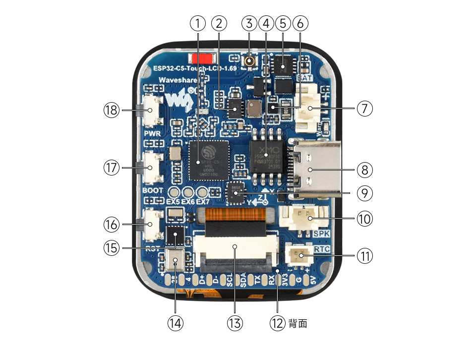 ESP32-C5-Touch-LCD-1.69 开发板板载资源位号图：标注 MCU、屏幕接口、传感器、按键等位置