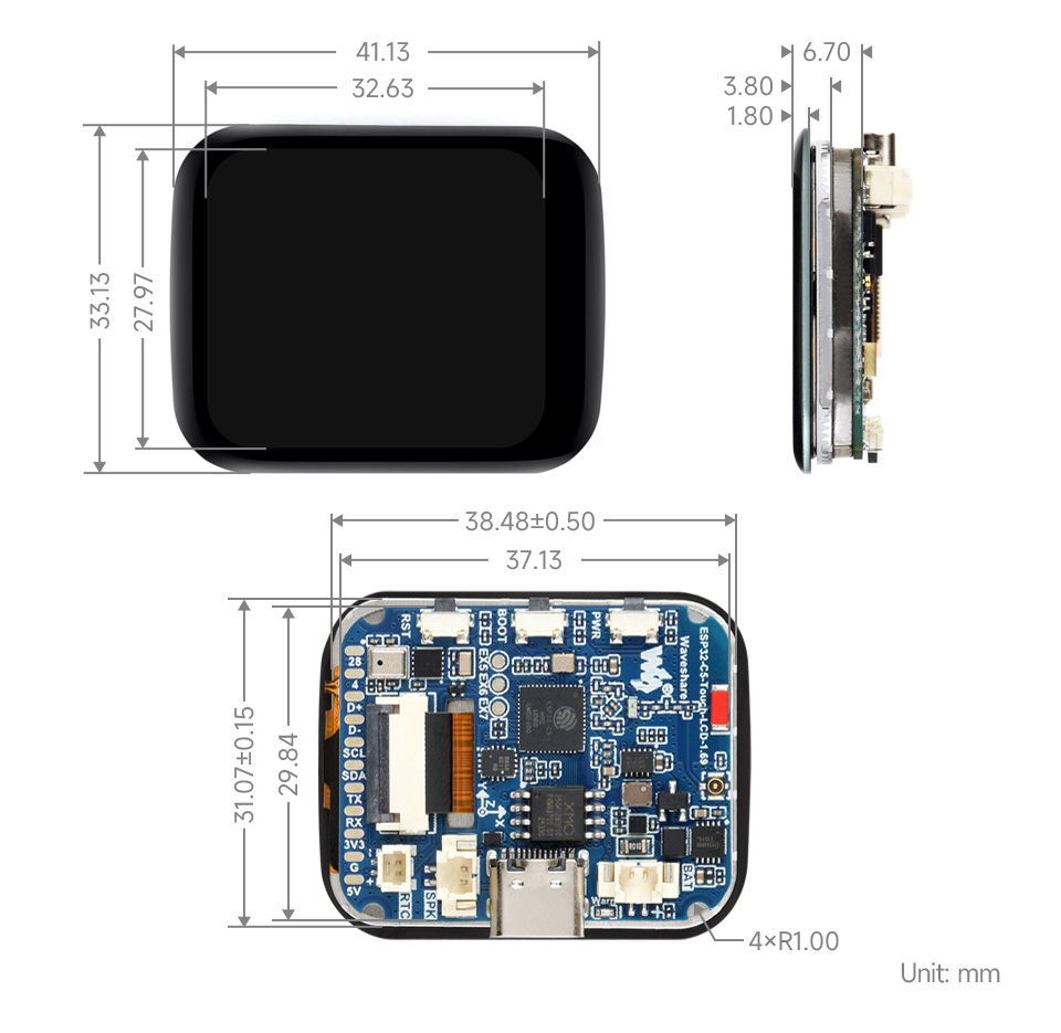 ESP32-C5-Touch-LCD-1.69 产品机械尺寸图，单位 mm