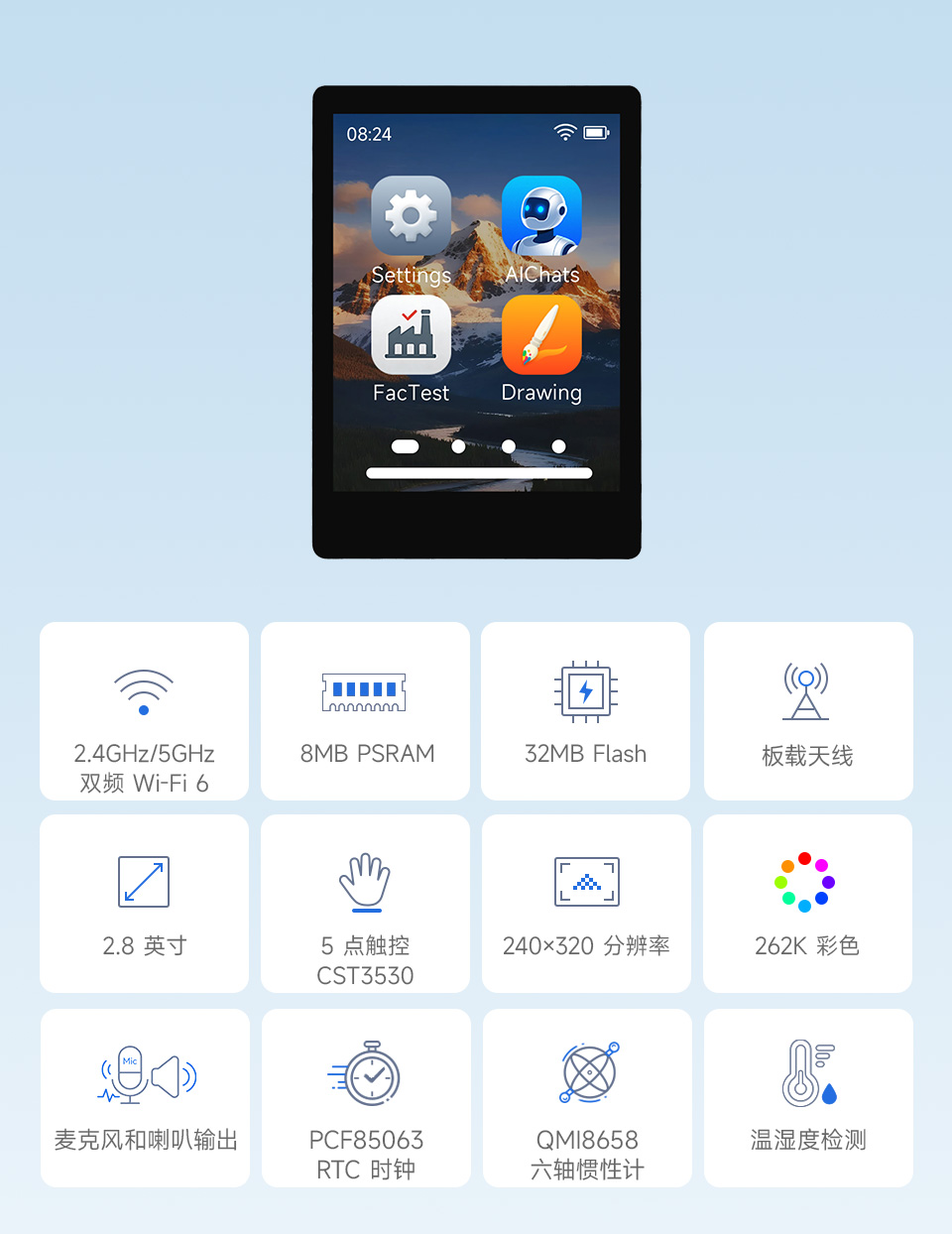 ESP32-C5 2.8 英寸电容触控屏开发板，并带有特性图标如：LX7双核处理器，2.4GHz Wi-Fi，蓝牙BLE5，板载天线，屏幕尺寸，5点触控，分辨率，262K彩色，音频播放，PCF85063 RTC时钟，QMI8658惯性计，多种接口