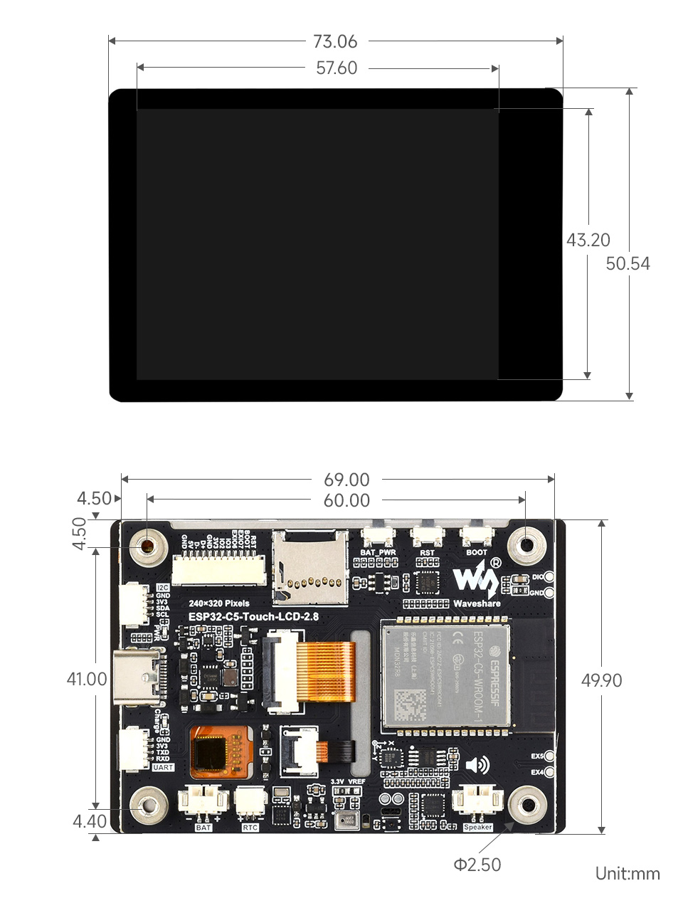 ESP32-C5 2.8 英寸电容触控屏开发板产品尺寸
