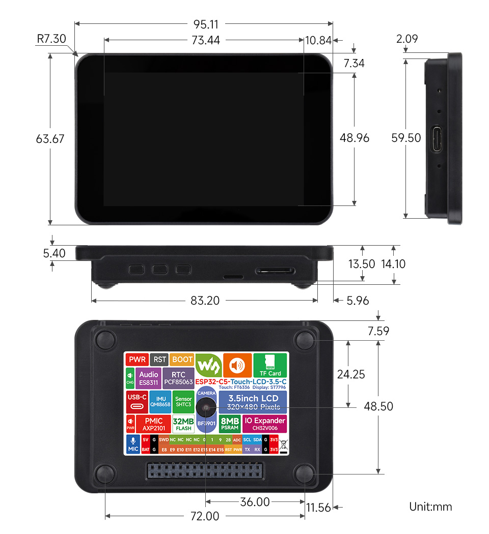 ESP32-C5 3.5 英寸电容触控屏开发板产品尺寸
