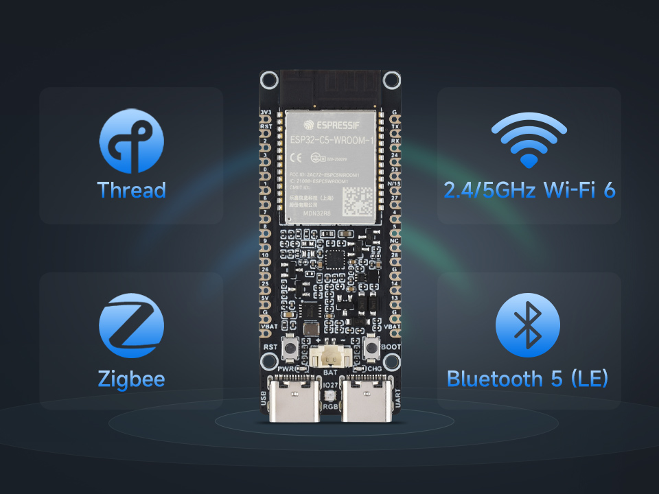 ESP32-C5 双频 Wi-Fi 6 开发板支持双频 Wi-Fi 6 / BLE 5 / Thread / Zigbee