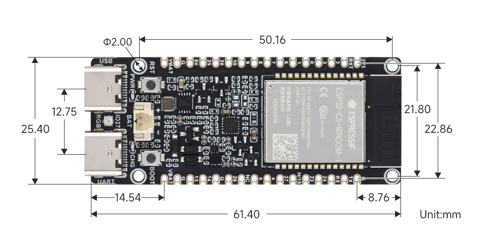 ESP32-C5 双频 Wi-Fi 6 开发板产品尺寸